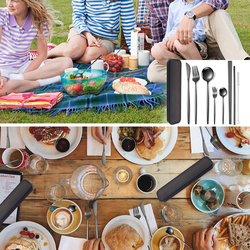 AARAINBOW 8 Pieces Stainless Steel Flatware Set Portable Reusable Cutlery Set Travel Utensils Set Including Chopsticks Knife Fork Spoon Straws Cleaning Brush Dishwasher Safe (Black) - Image 4